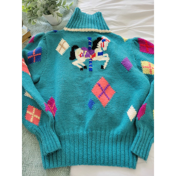 Vintage Rare Berek Wool Knit Horse Carousel Cardigan Sweater M - Picture 2 of 8
